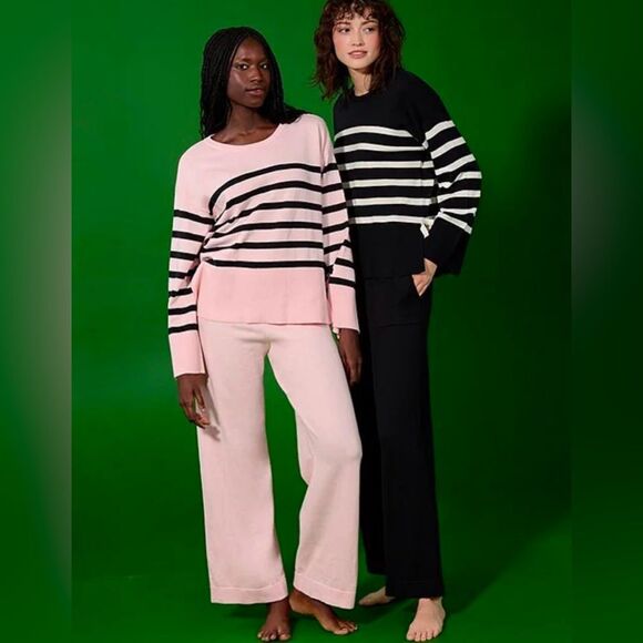 kate spade LβPink Black Stripe Crewneck Knit Long Sleeve Pant Lounge PJ Outfit - Picture 7 of 17